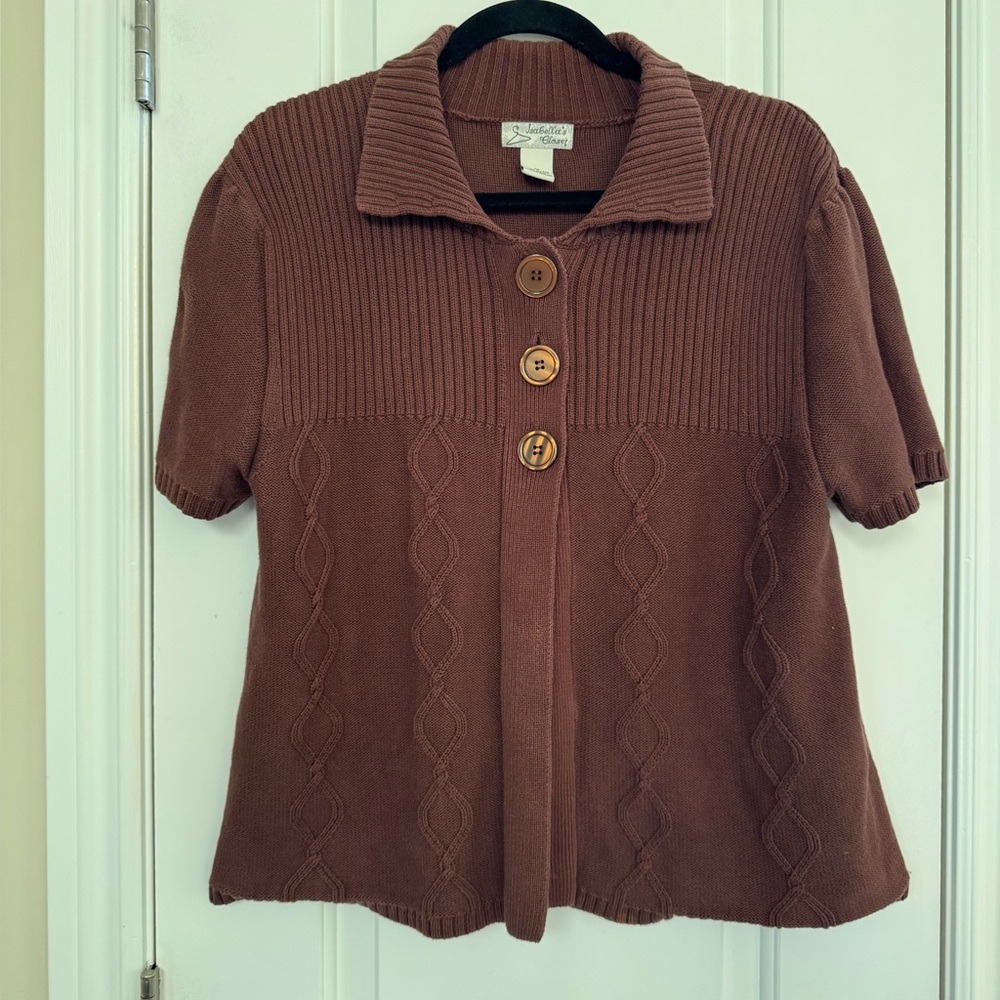 100% Cotton Chocolate Brown Chunky Knit Cardigan 1XL Short Sleeve Baby Doll Y2k